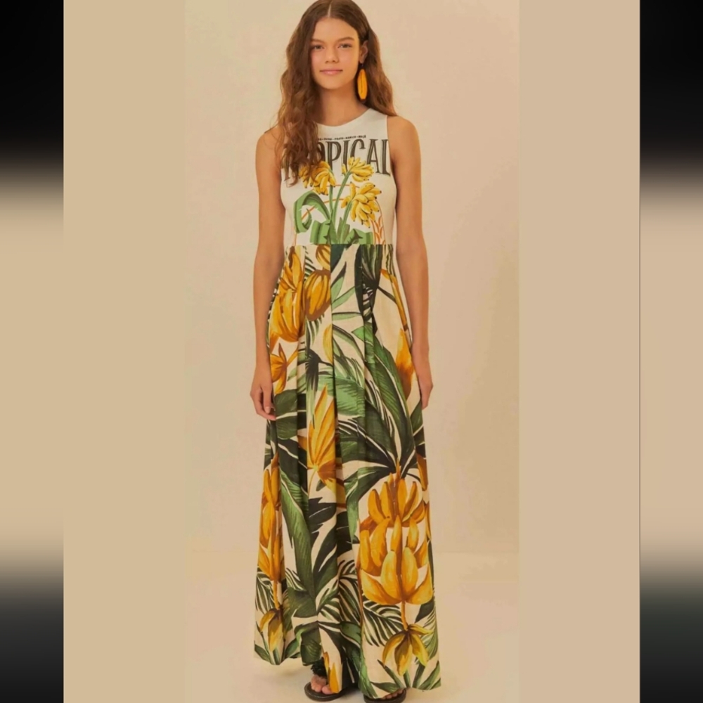 FARM Rio Tropical Banana Print Maxi Dress in White, Yellow & Green